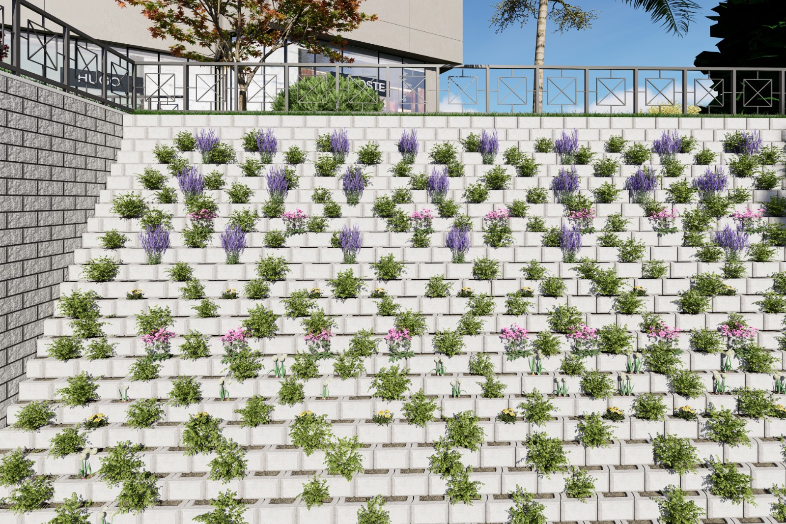 GeoistinatFlora saksı beton blok kaplamalı yeşil duvar peyzaj uygulaması